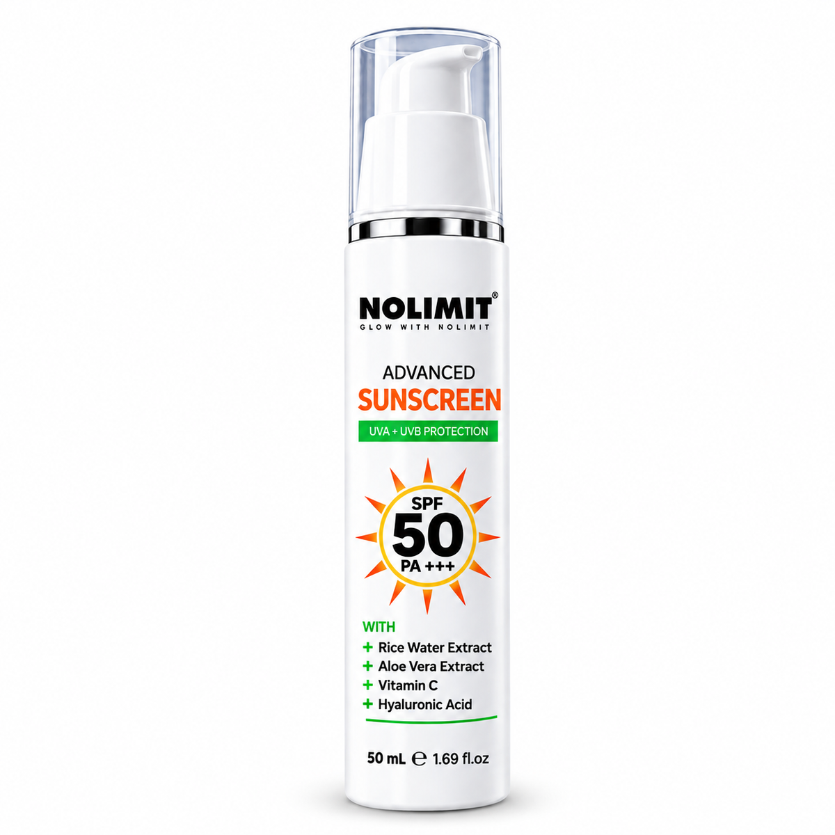 NOLIMIT Advanced Sunscreen SPF 50 PA+++ with Rice Water, Aloe Vera, Vitamin C & Hyaluronic Acid – 50ml