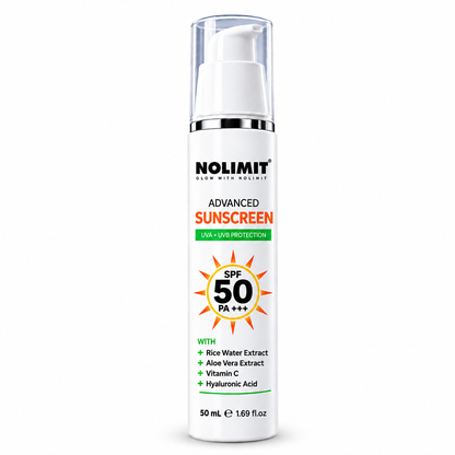 NOLIMIT Advanced Sunscreen SPF 50 PA+++ with Rice Water, Aloe Vera, Vitamin C & Hyaluronic Acid – 50ml