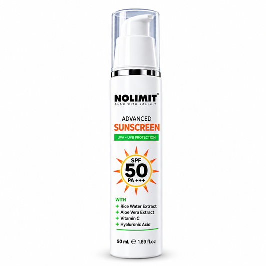 NOLIMIT Advanced Sunscreen SPF 50 PA+++ with Rice Water, Aloe Vera, Vitamin C & Hyaluronic Acid – 50ml