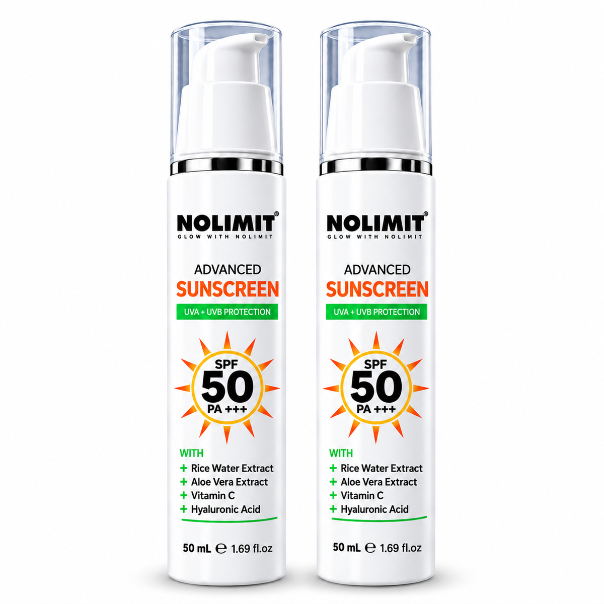 NOLIMIT Advanced Sunscreen SPF 50 PA+++ with Rice Water, Aloe Vera, Vitamin C & Hyaluronic Acid – 50ml