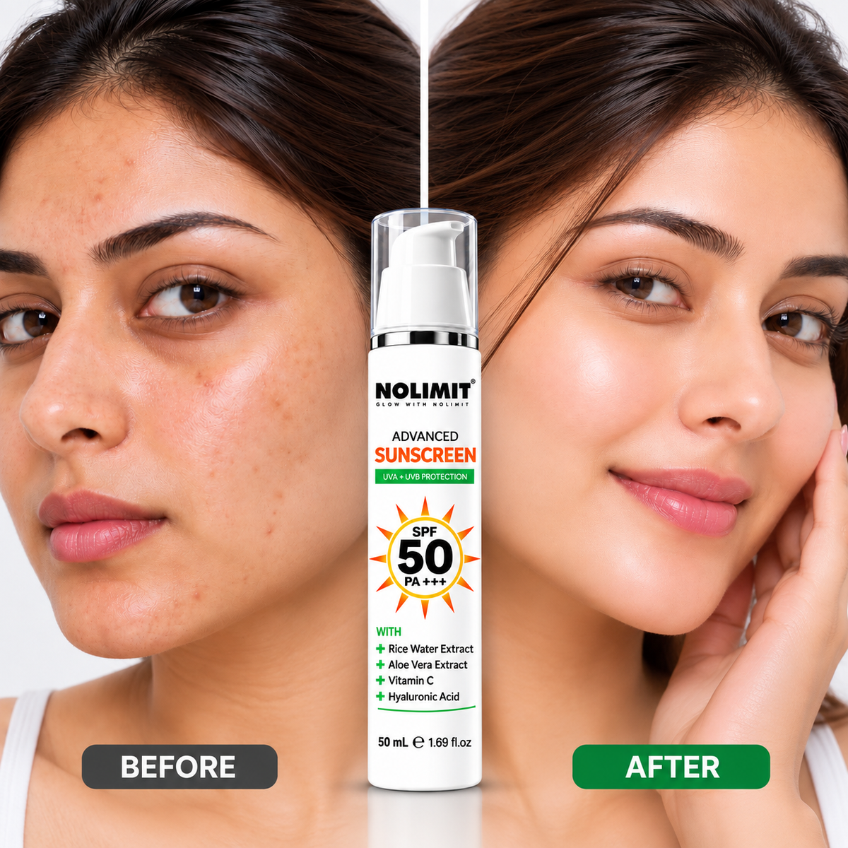 NOLIMIT Advanced Sunscreen SPF 50 PA+++ with Rice Water, Aloe Vera, Vitamin C & Hyaluronic Acid – 50ml
