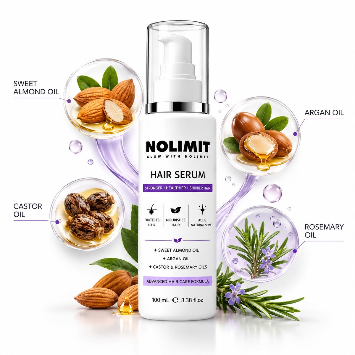 NOLIMIT Advanced Hair Serum – With Almond, Argan, Castor & Rosemary Oils | 100ml